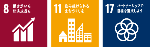 (8)働きがいも経済成長も。(11)住み続けられるまちづくりを。(17)パートナーシップで目標を達成しよう。