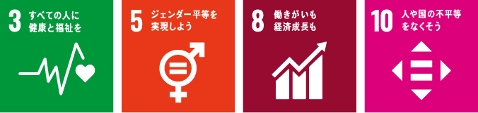 (3)すべての人に健康と福祉を。(5)ジェンダー平等を実現しよう。(8)働きがいも経済成長も。(10)人や国の不平等をなくそう。